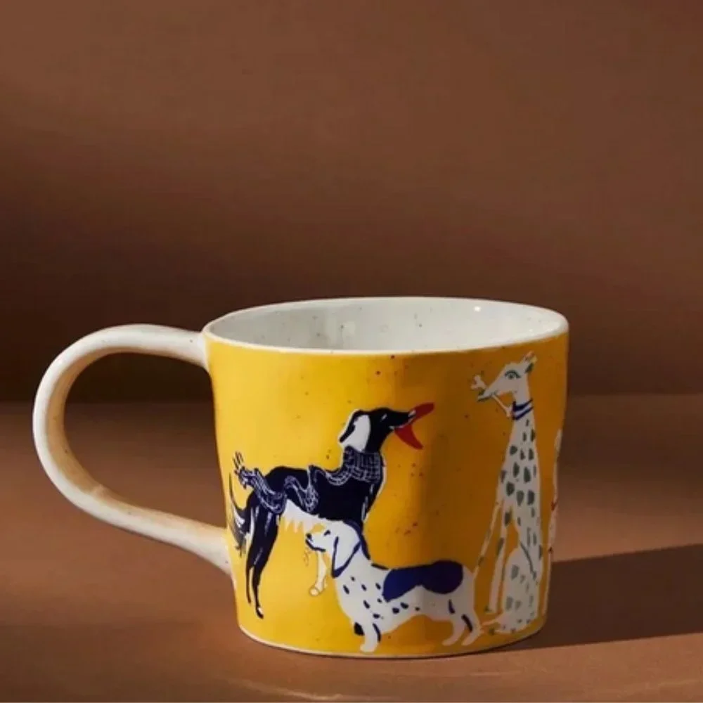 Anthropologie 2 Piece Set Dog Pet Shop Mugs NEW 2 Mugs New in box Yellow